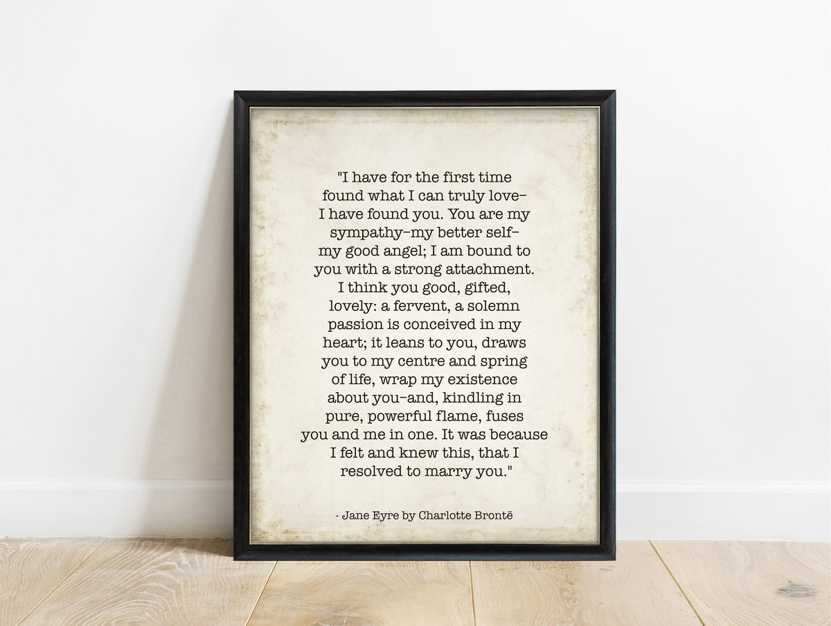 Charlotte Brontë resolved to marry you quote print in a black frame, vintage background