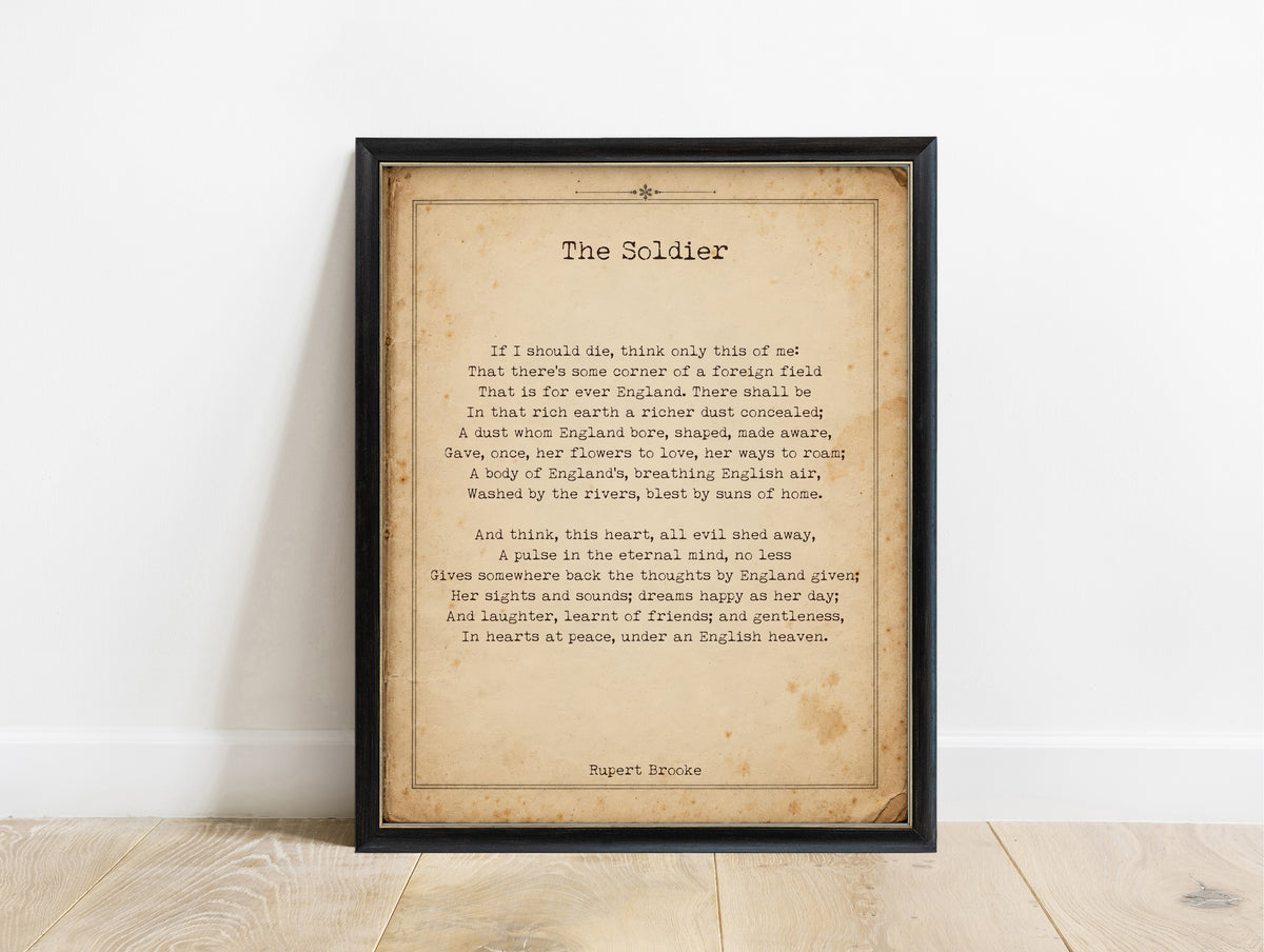 The Soldier sonnet by Rupert Brooke, If I should die, on an aged antique page, remembrance poem print in a black frame