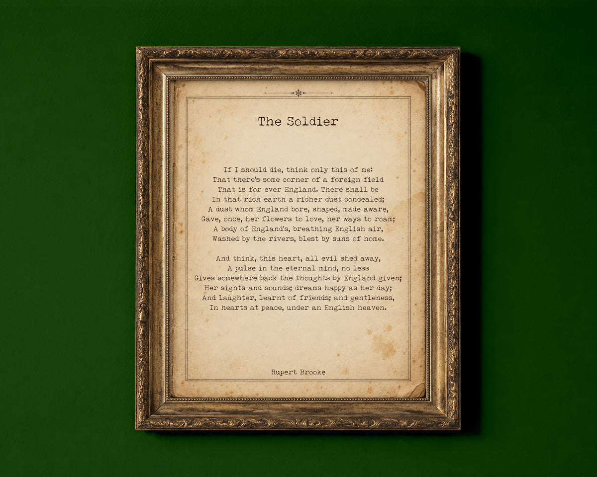 The Soldier sonnet by Rupert Brooke, If I should die, on an aged antique page, remembrance poem print shown in a gold frame for display only; framed prints are sent in a black frame