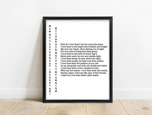 Elizabeth Barrett Browning How Do I Love Thee vertical title print in a black frame, white background