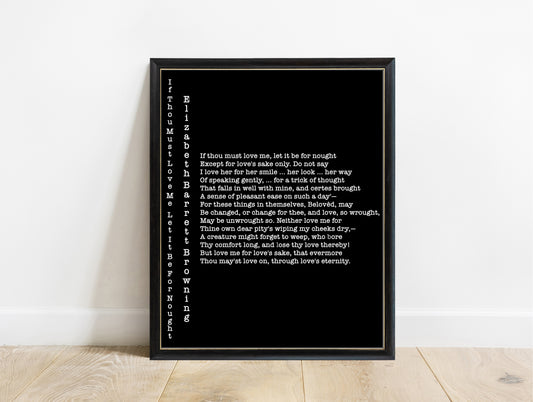 Elizabeth Barrett Browning If Thou Must Love Me Sonnet 14 typewriter print in a black frame, black background