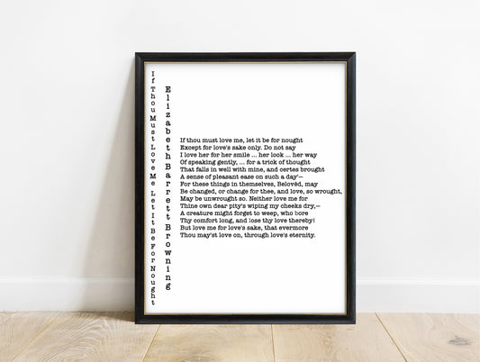 Elizabeth Barrett Browning If Thou Must Love Me Sonnet 14 typewriter print in a black frame, white background
