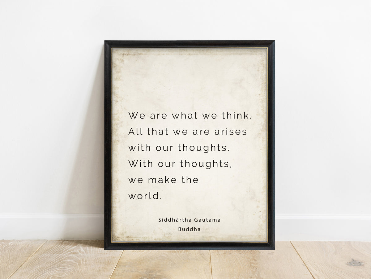 Buddha we are what we think typewriter quote print in a black frame, vintage background