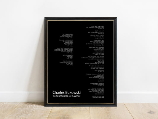 Charles Bukowski So You Want to Be a Writer full poem print in a black frame, black background