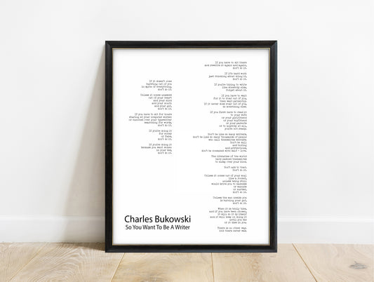 Charles Bukowski So You Want to Be a Writer full poem print in a black frame, white background