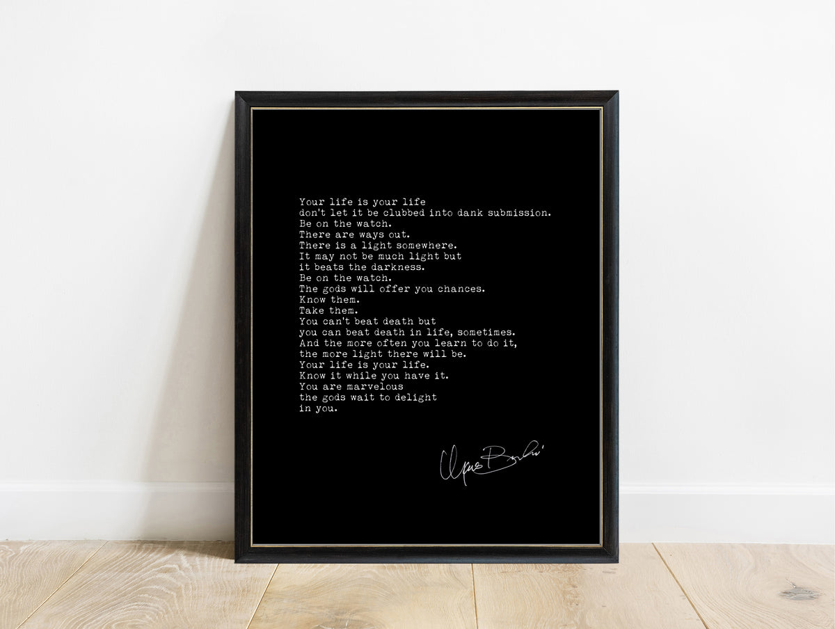 Charles Bukowski The Laughing Heart poem print in a black frame, black background