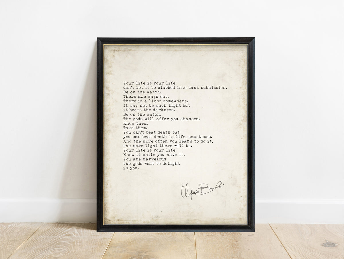 Charles Bukowski The Laughing Heart poem print in a black frame, vintage background