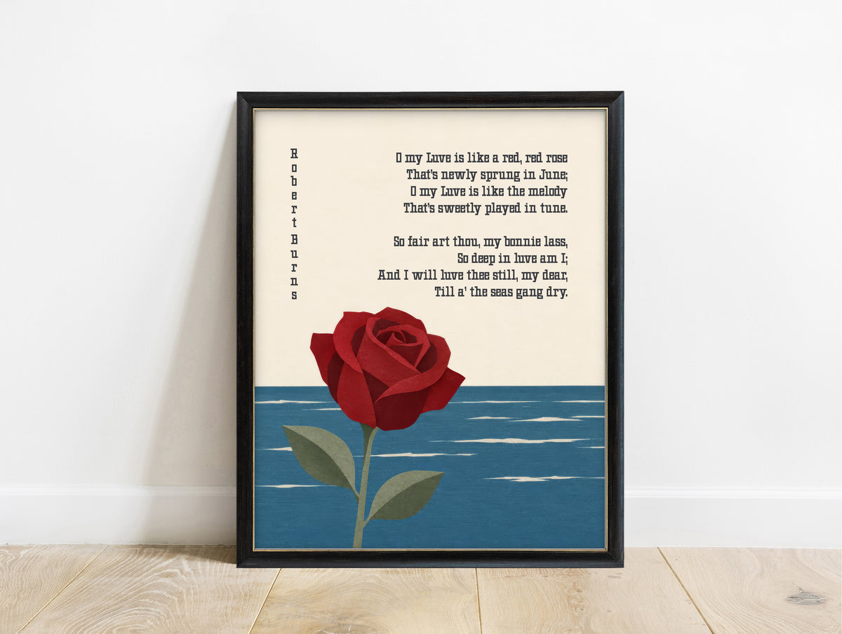 A Red, Red Rose by Robert Burns with a paper cut red rose rising from a blue sea, in a black frame