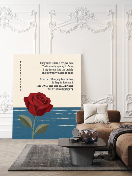A Red, Red Rose by Robert Burns with a paper cut red rose rising from a blue sea, shown unframed in a living room