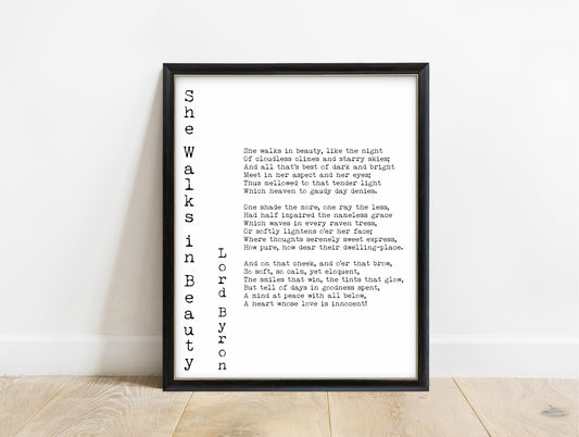 Lord Byron She Walks in Beauty vertical title poem print in a black frame, white background
