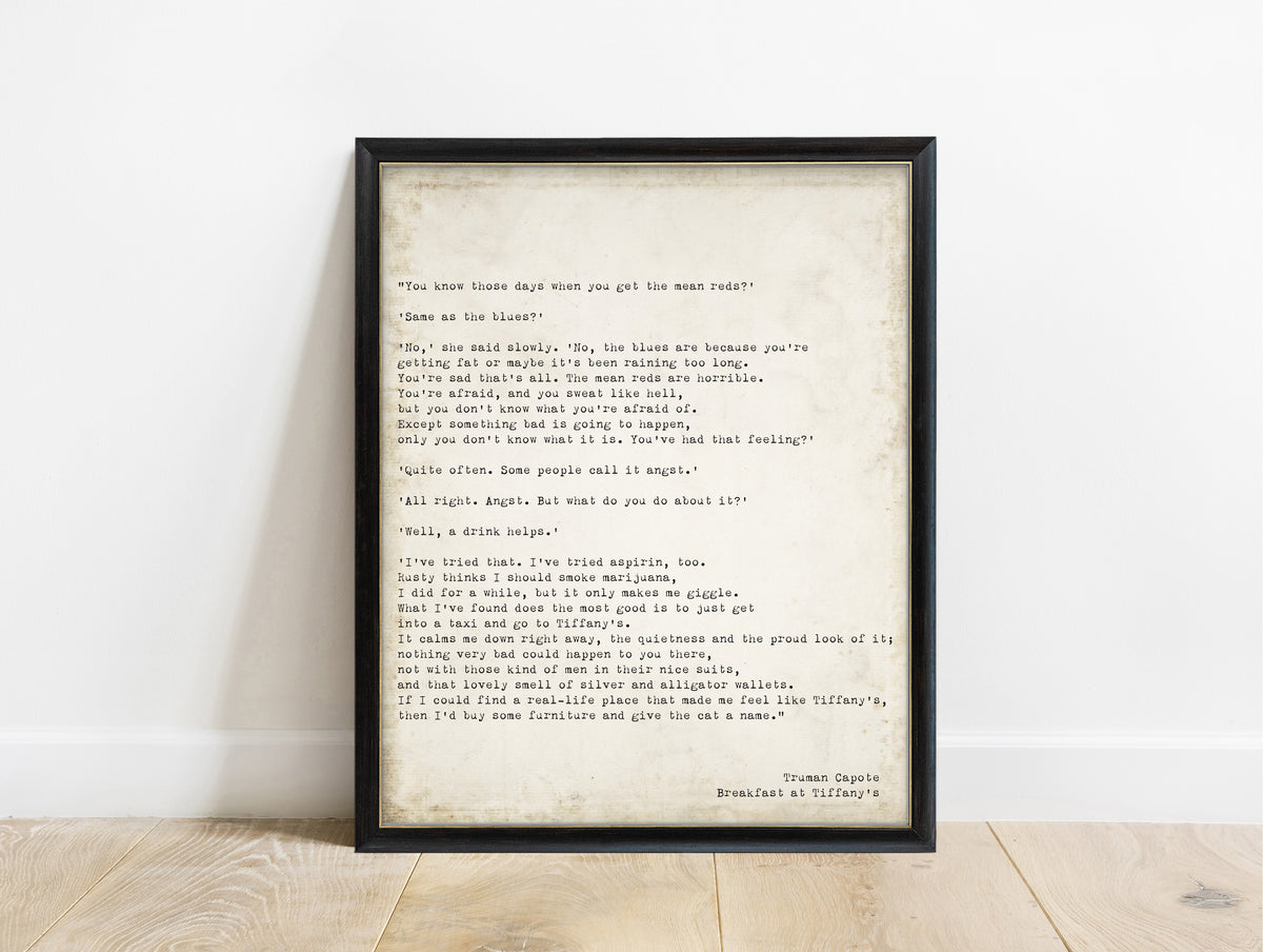 Truman Capote the mean reds typewriter print in a black frame, vintage background