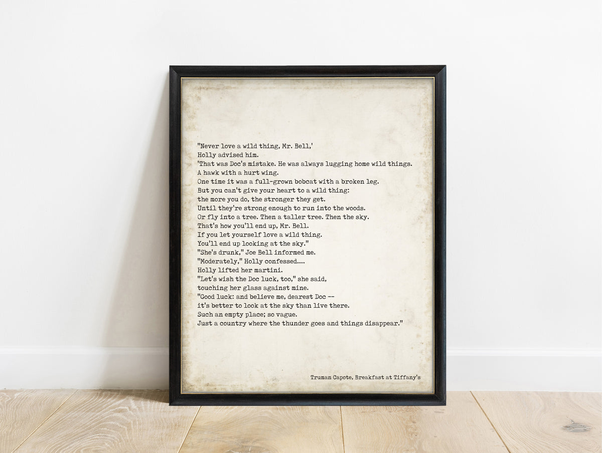 Truman Capote never love a wild thing typewriter print in a black frame, vintage background