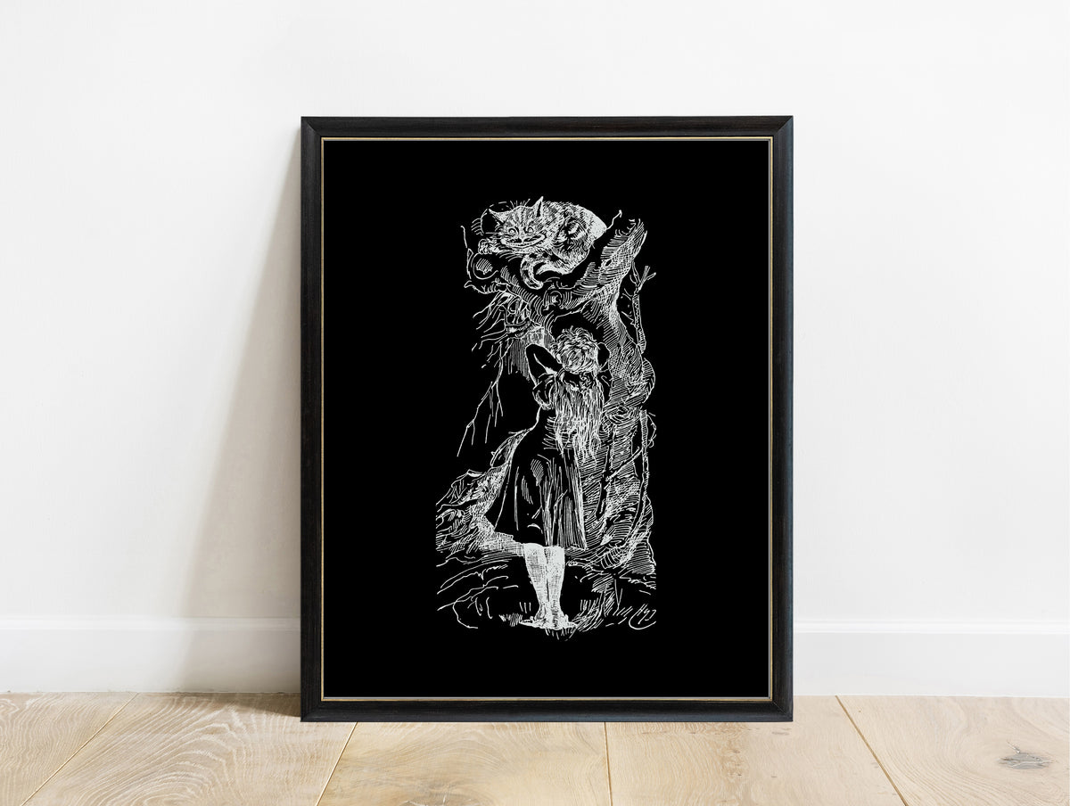 Alice and the Cheshire Cat illustration by John Tenniel from Lewis Carroll's Alice in Wonderland in a black frame, black background