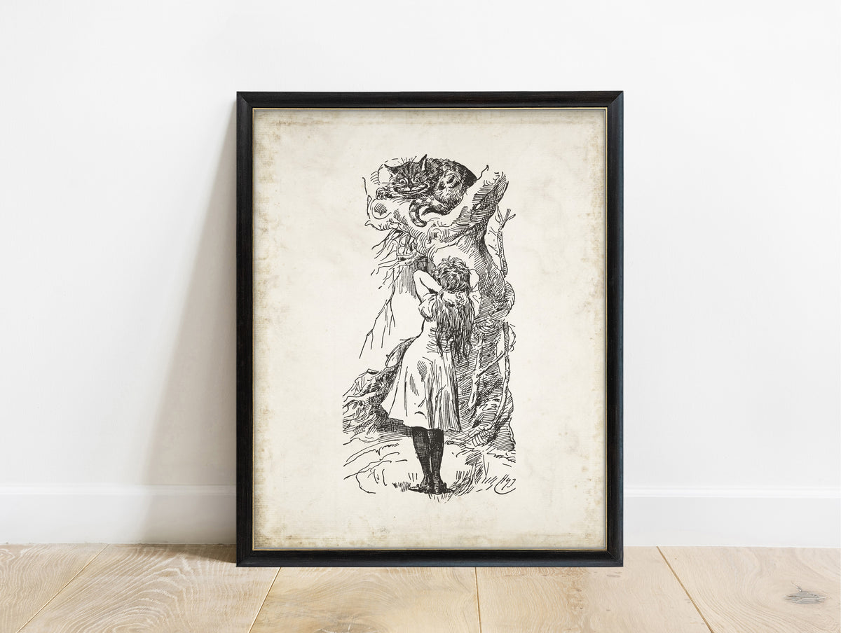 Alice and the Cheshire Cat illustration by John Tenniel from Lewis Carroll's Alice in Wonderland in a black frame, vintage background