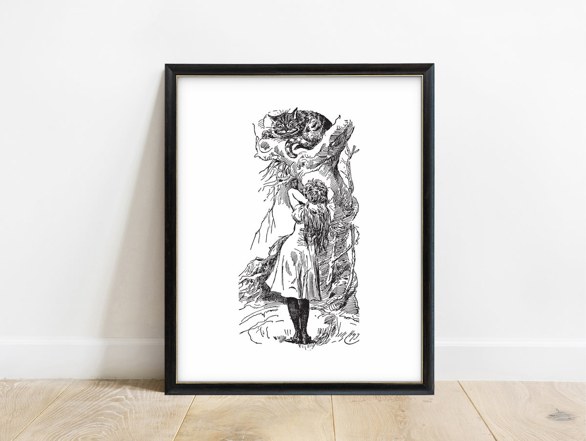 Alice and the Cheshire Cat illustration by John Tenniel from Lewis Carroll's Alice in Wonderland in a black frame, white background