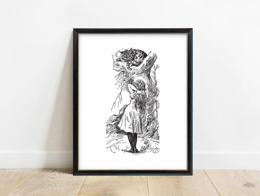 Alice and the Cheshire Cat illustration by John Tenniel from Lewis Carroll's Alice in Wonderland in a black frame, white background