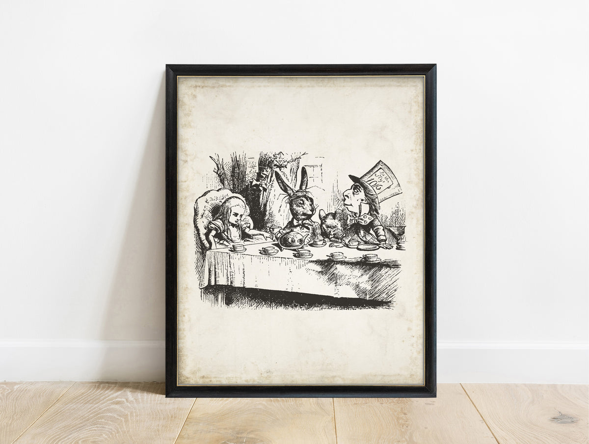 The Mad Tea Party illustration by John Tenniel from Lewis Carroll's Alice in Wonderland in a black frame, vintage background