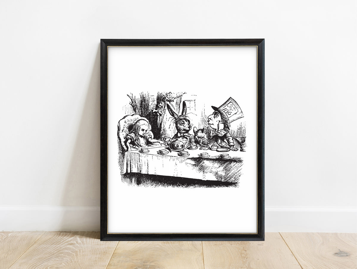 The Mad Tea Party illustration by John Tenniel from Lewis Carroll's Alice in Wonderland in a black frame, white background