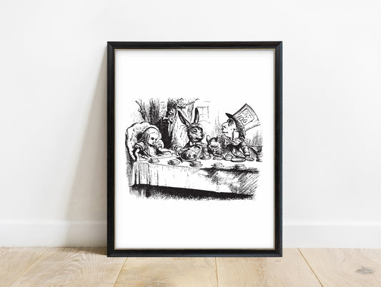 The Mad Tea Party illustration by John Tenniel from Lewis Carroll's Alice in Wonderland in a black frame, white background