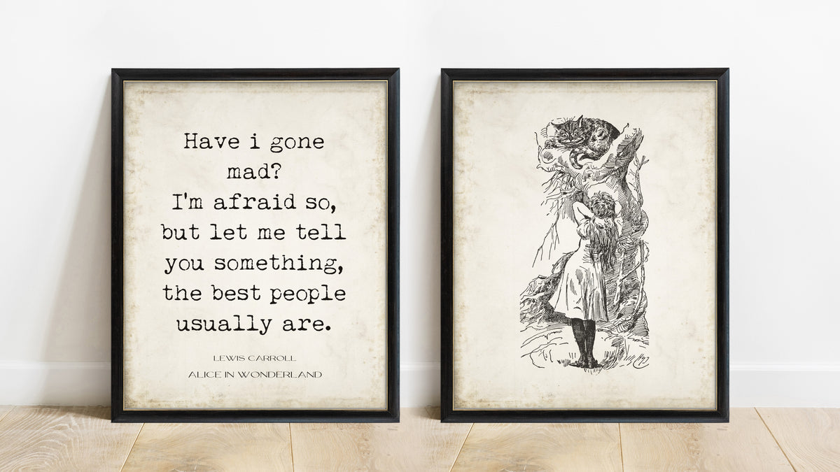Lewis Carroll have I gone mad and John Tenniel Cheshire Cat set of 2 prints in black frames, vintage background