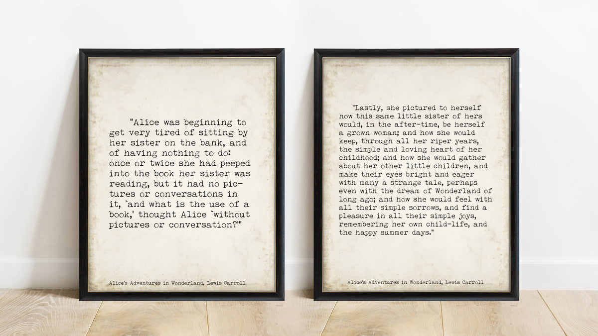 Lewis Carroll Alice in Wonderland opening and closing lines set of 2 prints in black frames, vintage background