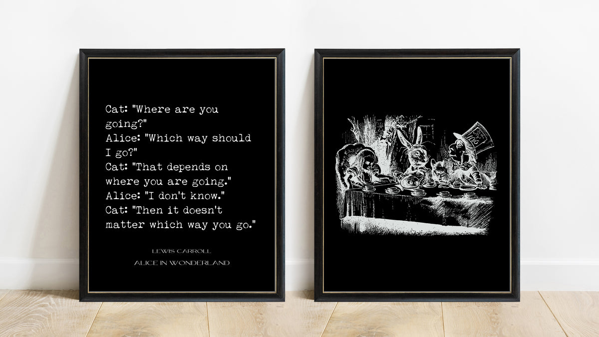 Lewis Carroll which way should I go and John Tenniel Mad Tea Party set of 2 prints in black frames, black background