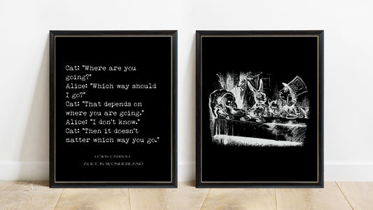 Lewis Carroll which way should I go and John Tenniel Mad Tea Party set of 2 prints in black frames, black background