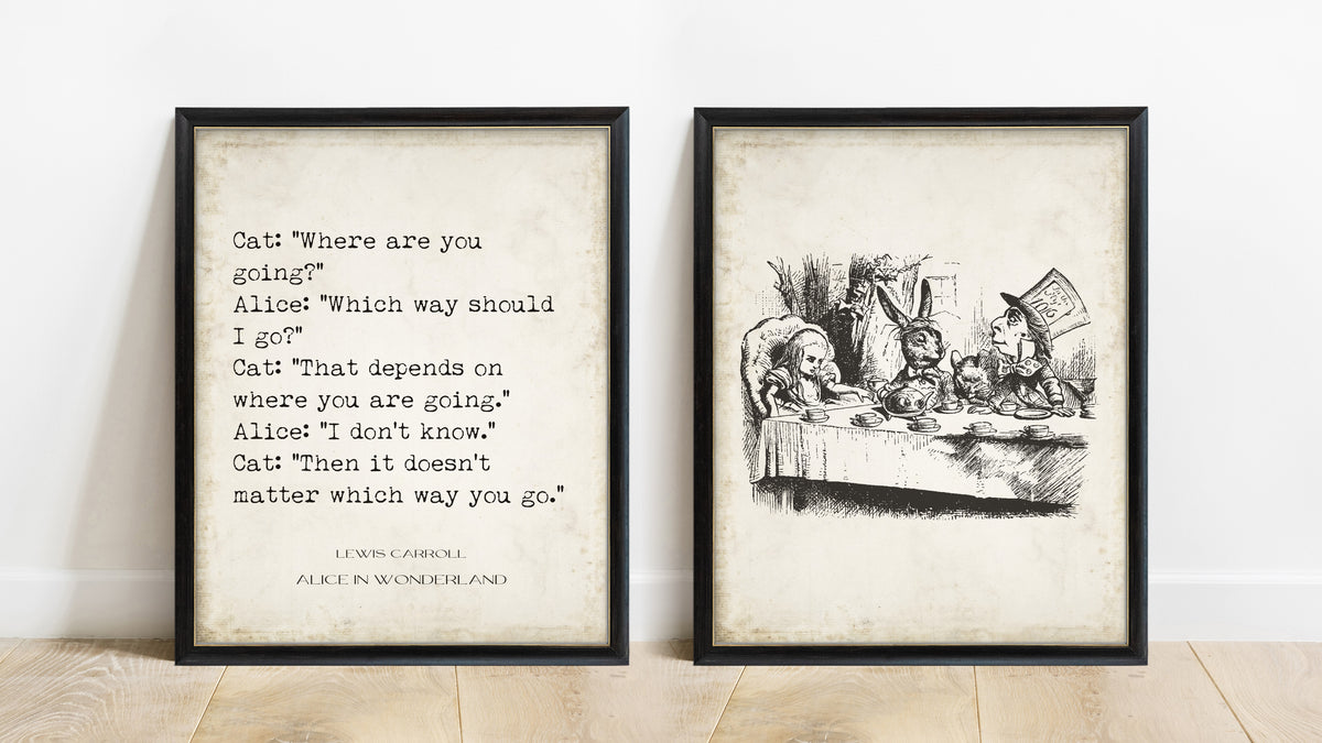 Lewis Carroll which way should I go and John Tenniel Mad Tea Party set of 2 prints in black frames, vintage background