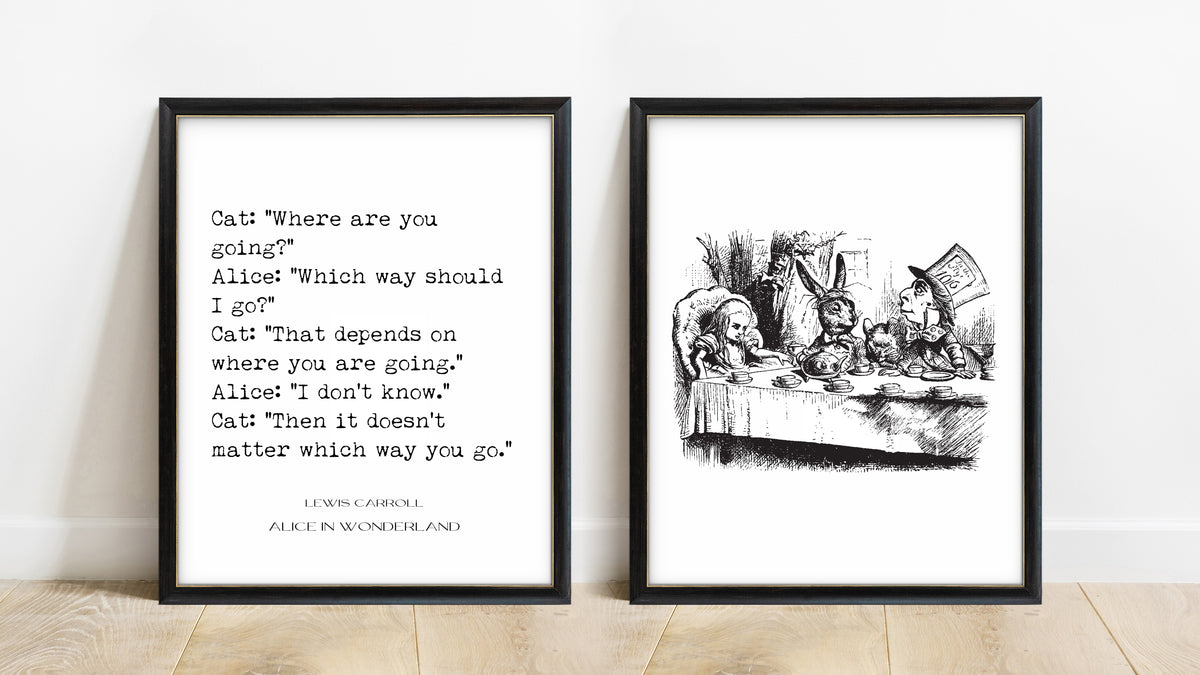 Lewis Carroll which way should I go and John Tenniel Mad Tea Party set of 2 prints in black frames, white background