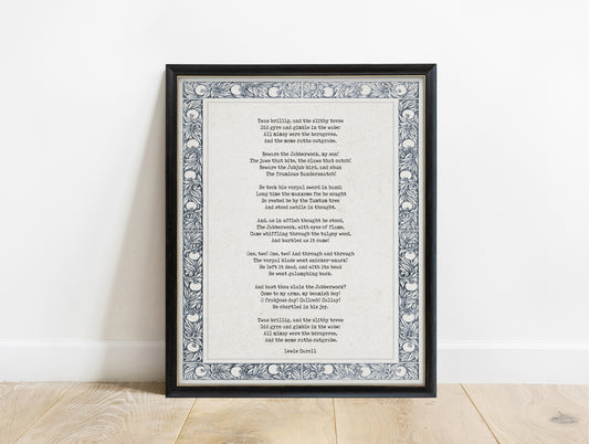 Lewis Carroll Jabberwocky poem print with vintage blue leaf border, in a black frame