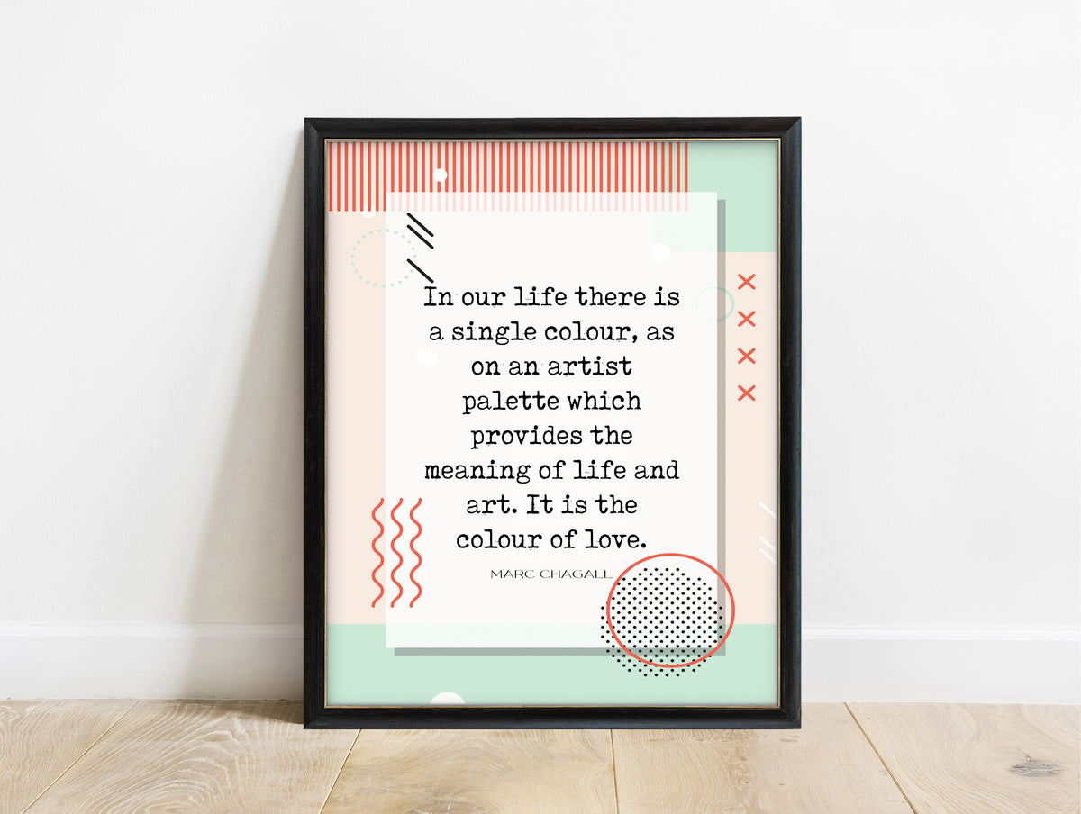 Marc Chagall colour of love quote print in retro pastel colours, in a black frame