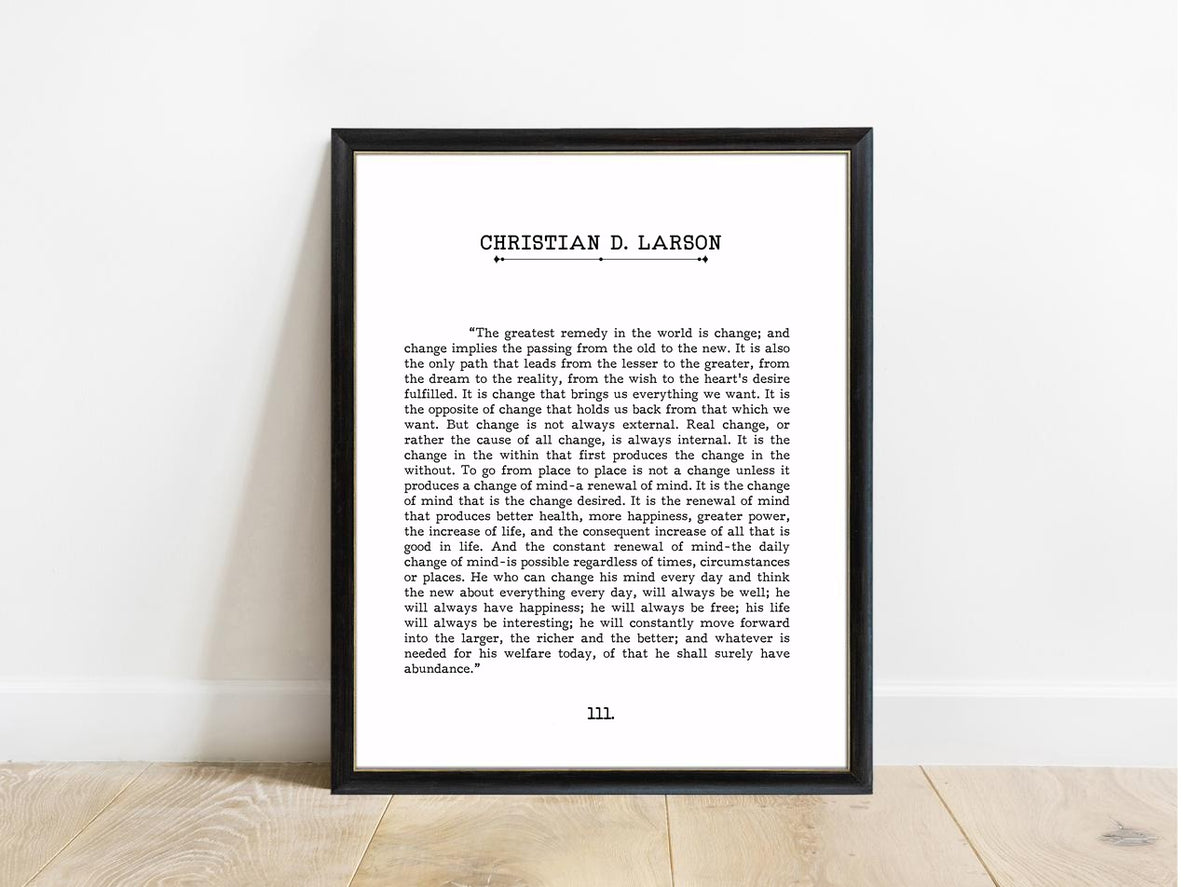 Christian D. Larson The Greatest Remedy Is Change book page print in a black frame, white background