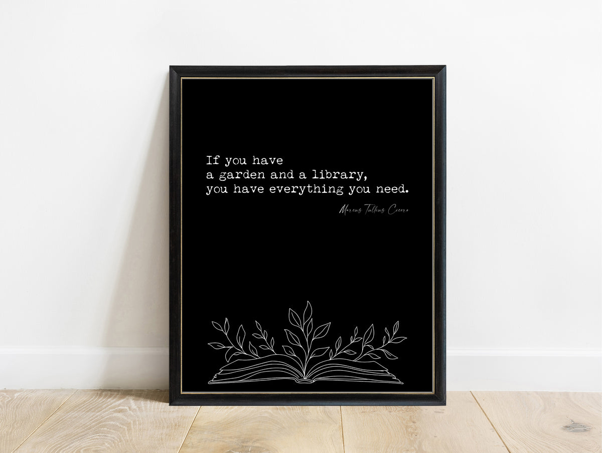 Cicero garden and library quote with open book and leaves illustration, in a black frame, black background