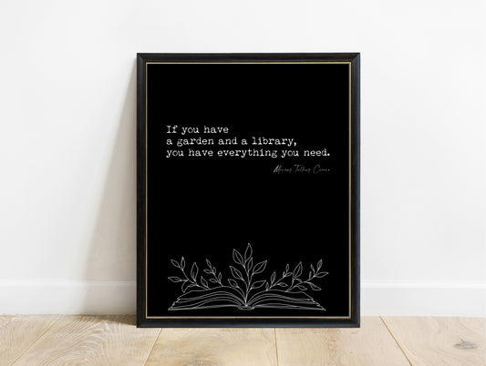 Cicero garden and library quote with open book and leaves illustration, in a black frame, black background
