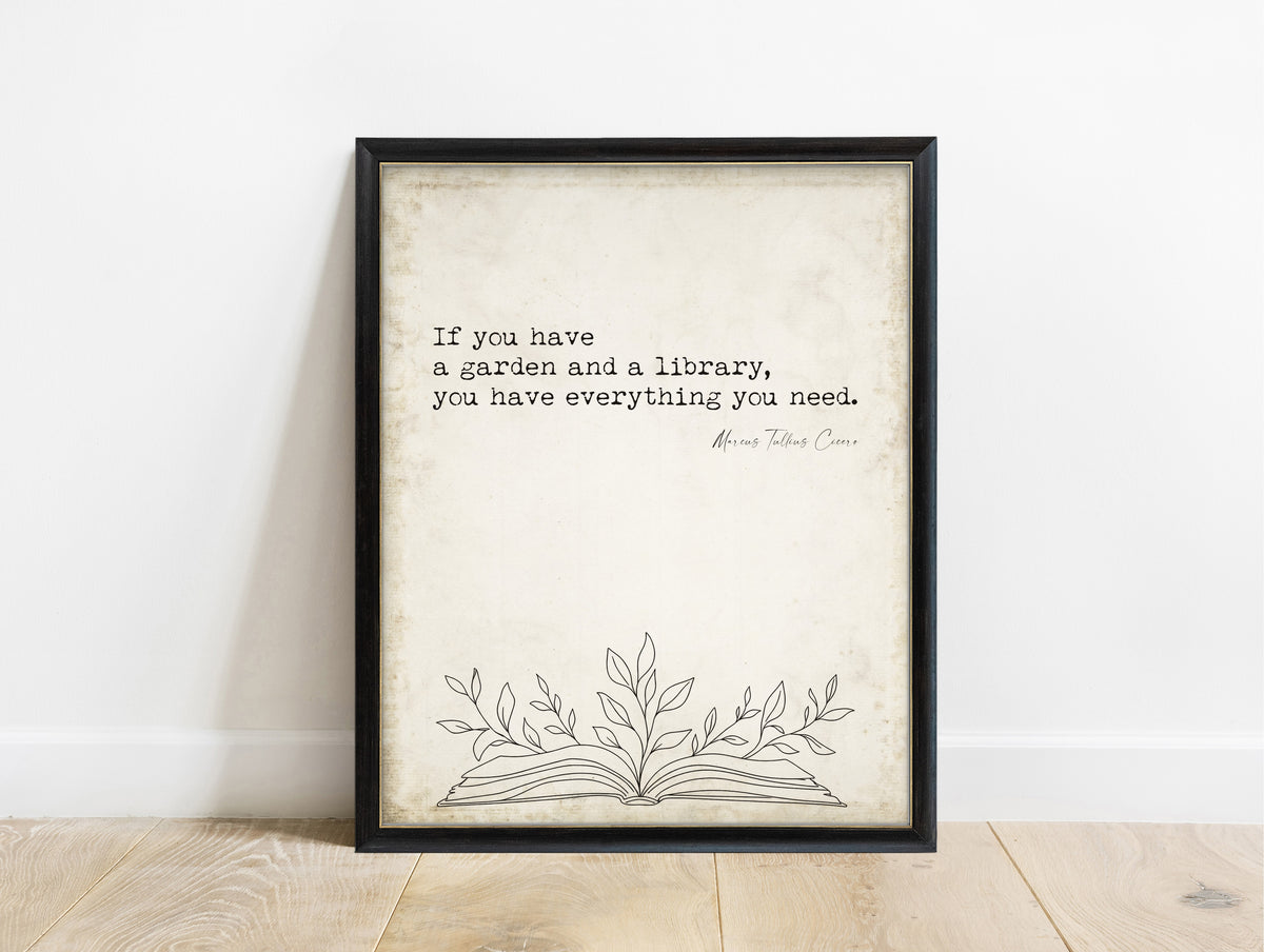 Cicero garden and library quote with open book and leaves illustration, in a black frame, vintage background