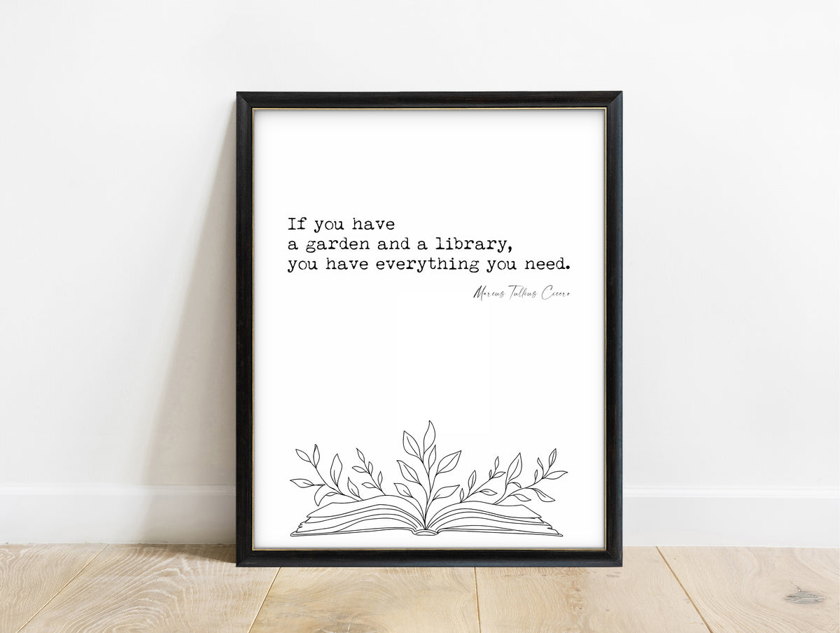 Cicero garden and library quote with open book and leaves illustration, in a black frame, white background