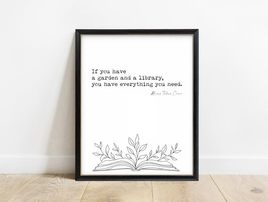 Cicero garden and library quote with open book and leaves illustration, in a black frame, white background