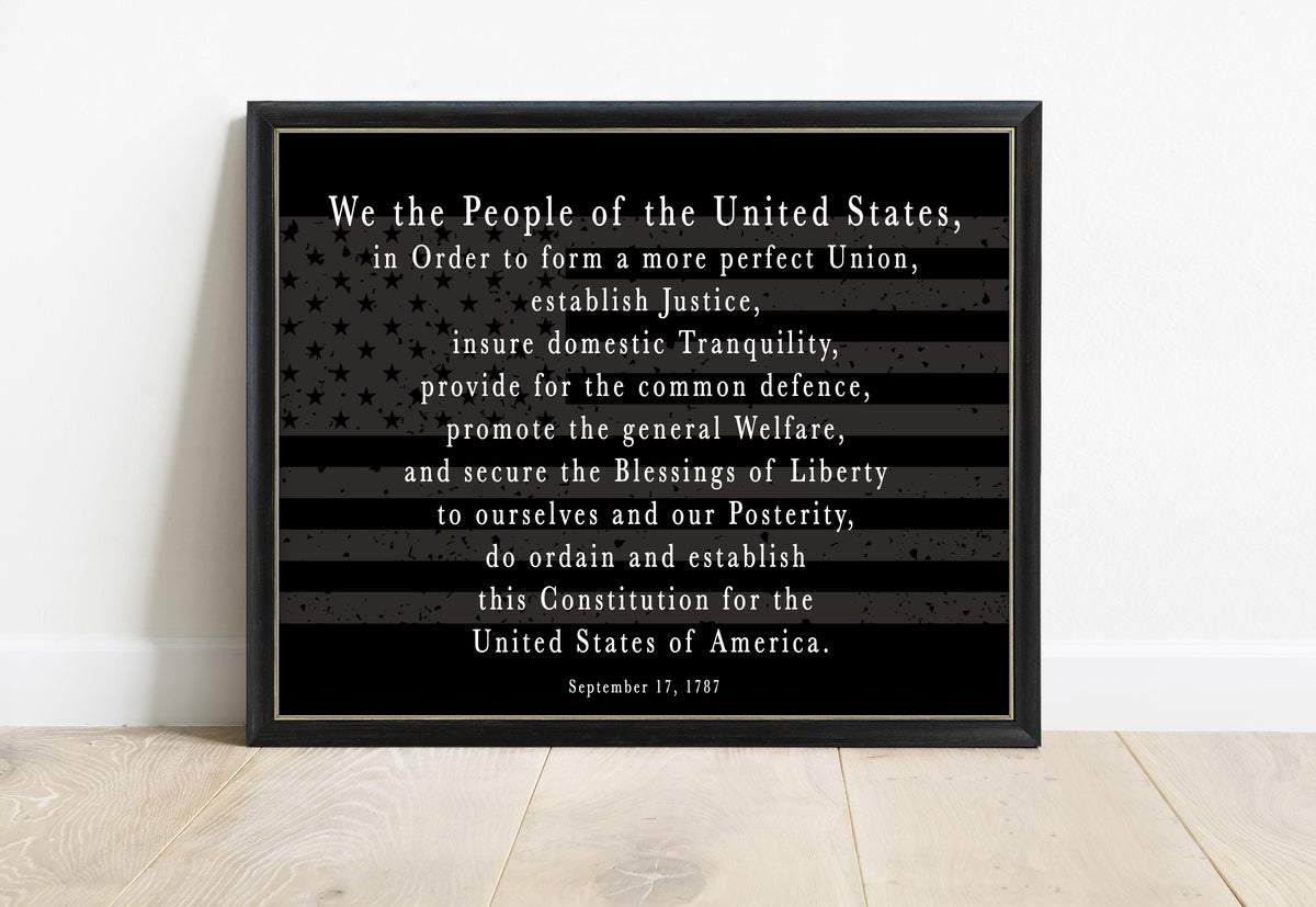 US Constitution We the People preamble landscape print in a black frame, black background
