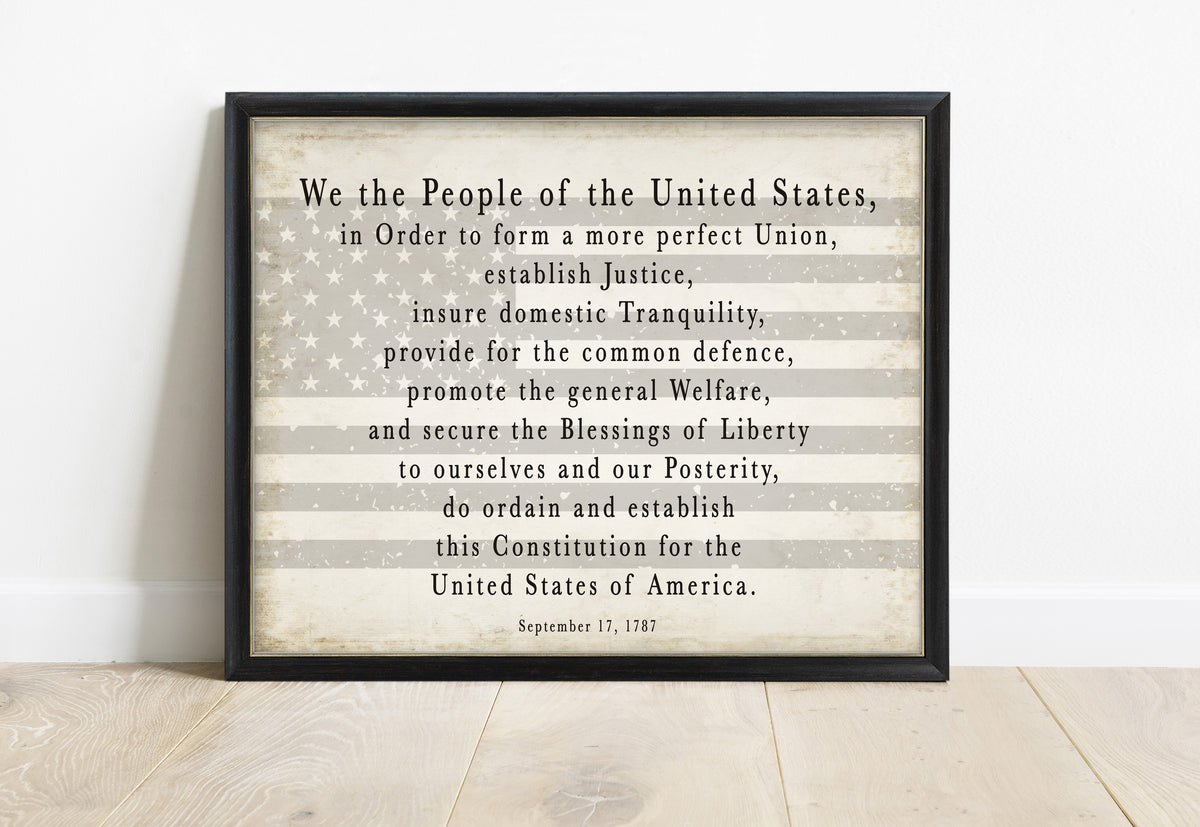 US Constitution We the People preamble landscape print in a black frame, vintage background