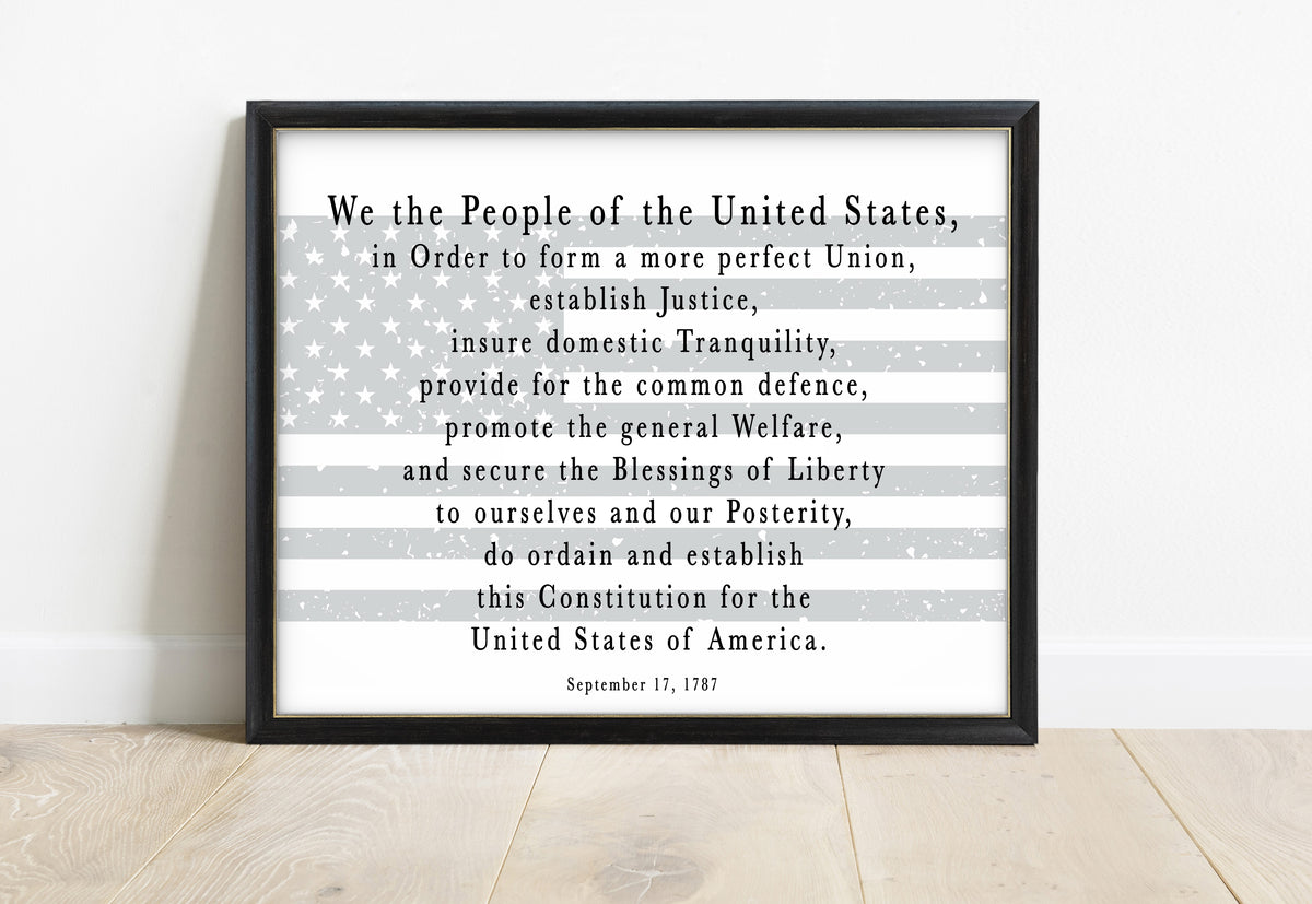 US Constitution We the People preamble landscape print in a black frame, white background