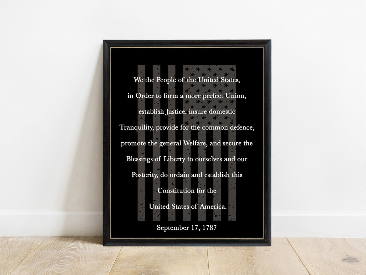 US Constitution We the People preamble portrait print in a black frame, black background