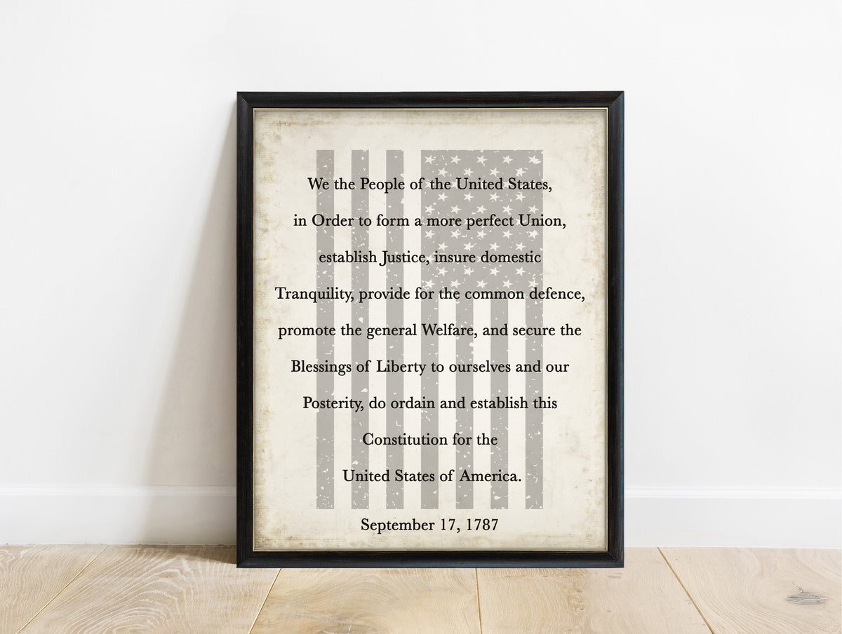 US Constitution We the People preamble portrait print in a black frame, vintage background