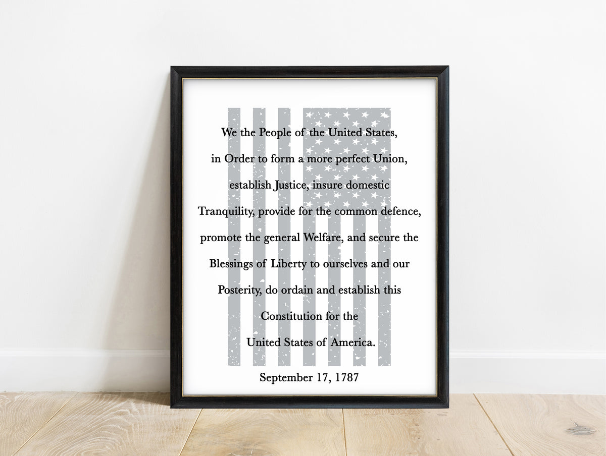US Constitution We the People preamble portrait print in a black frame, white background