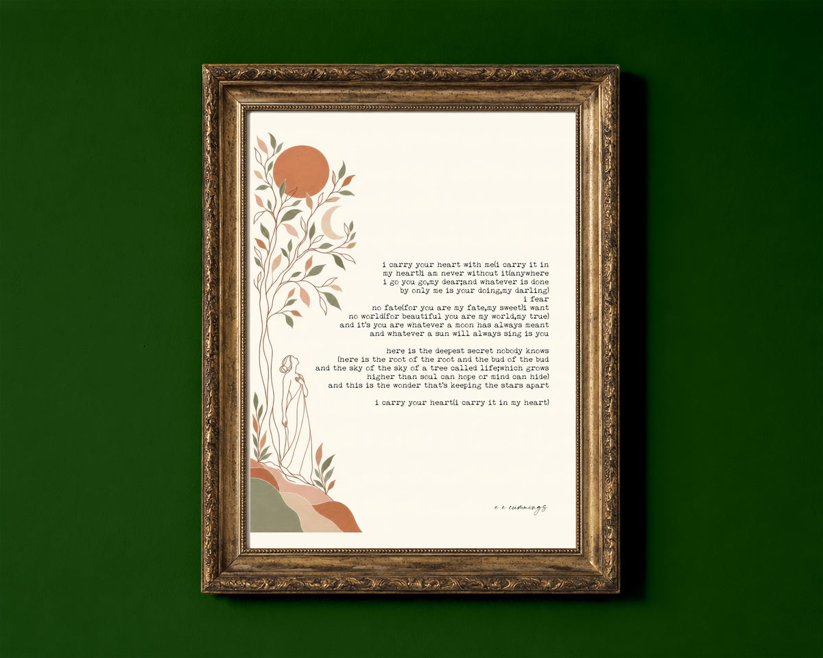 E. E. Cummings i carry your heart poem with tree and moon illustration print shown in a gold frame for display only; framed prints are sent in a black frame