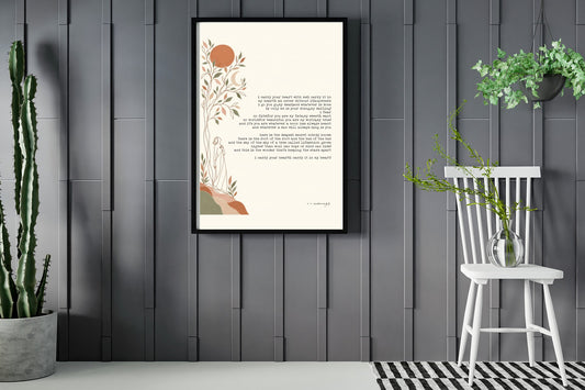 E. E. Cummings i carry your heart poem with tree and moon illustration print framed in a room with plants