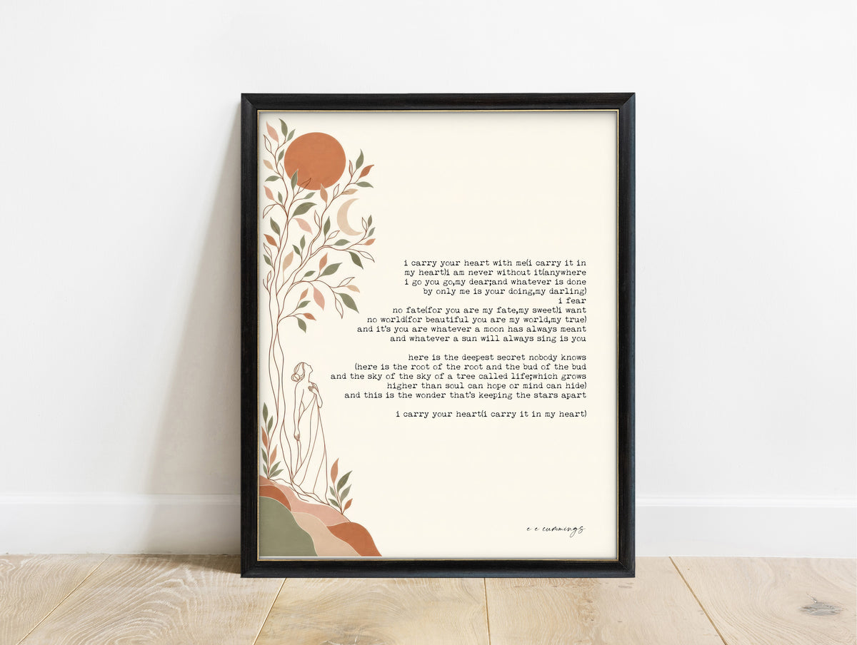 E. E. Cummings i carry your heart poem with tree and moon illustration print in a black frame
