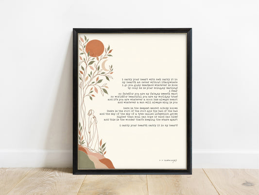 E. E. Cummings i carry your heart poem with tree and moon illustration print in a black frame