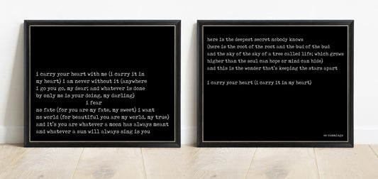 ee cummings i carry your heart landscape set of 2 prints in black frames, black background