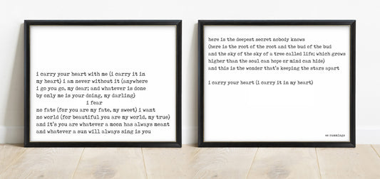 ee cummings i carry your heart landscape set of 2 prints in black frames, white background