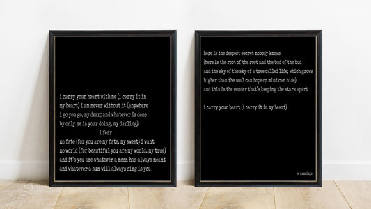 ee cummings i carry your heart set of 2 prints in black frames, black background